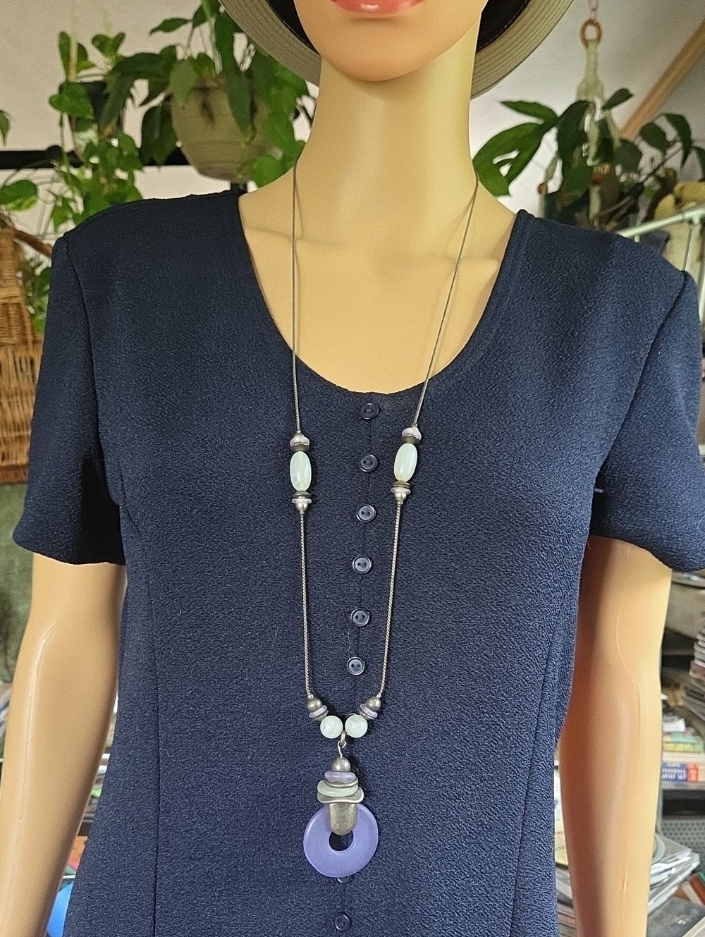Vintage Long Lavender Pendant, Silver & White Accents Necklace ☆ Unbranded